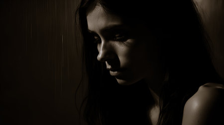 Mental Illness ,Sad woman Lonely and Vulnerable ,Emotional woman Trauma and Anxiety symptoms.の素材