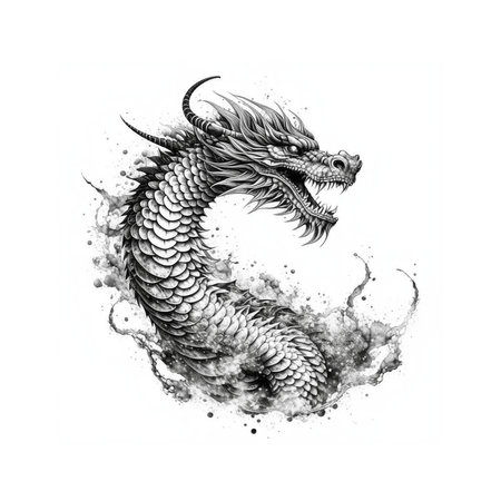 Dragon head with smoke on white background. Hand-drawn illustration.の写真素材