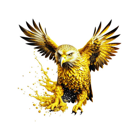 Metal Golden Eagle With Gold plate. Watercolor splashes in background and Gold Plated Eagle. Very Realistic Eagles.の写真素材