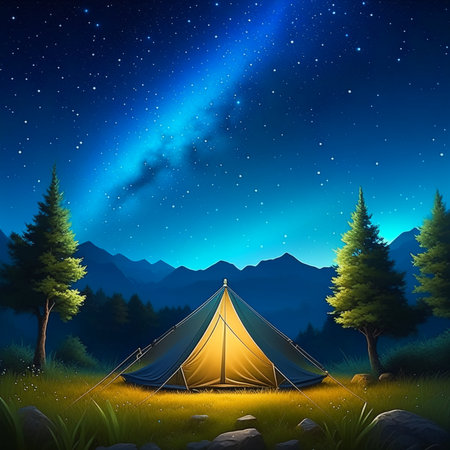 An idyllic tent beneath a starry night, camping tent, camping, camping under starsの写真素材