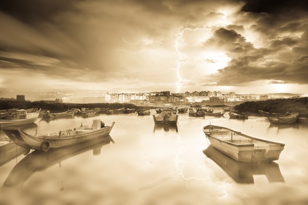 Last sunrise and fishing sub-dug, the new Taipei, Taiwan の写真素材