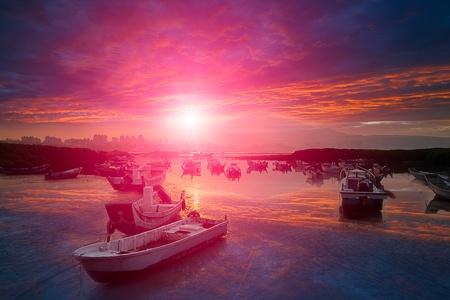 Last sunrise and fishing sub-dug, the new Taipei, Taiwan の写真素材