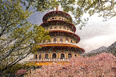 Sakura, temple and blue sky のeditorial素材