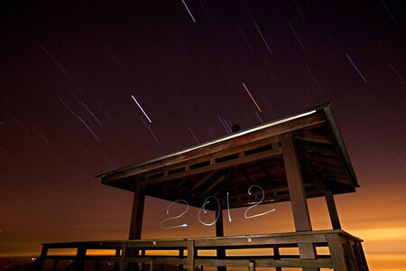 Track star long exposure and the wooden pavilionの写真素材