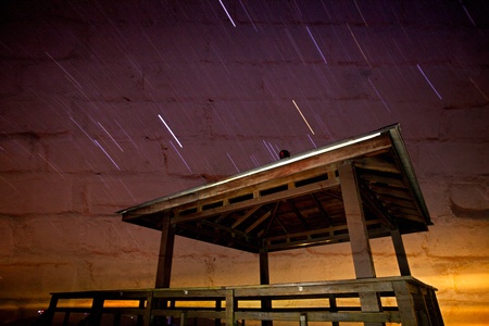 Track star long exposure and the wooden pavilionの写真素材