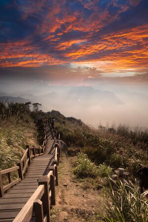 landscape in mountains and the dark blue sky with clouds の写真素材