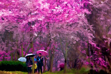 Painting style of landscape with nice sakura flowerの写真素材