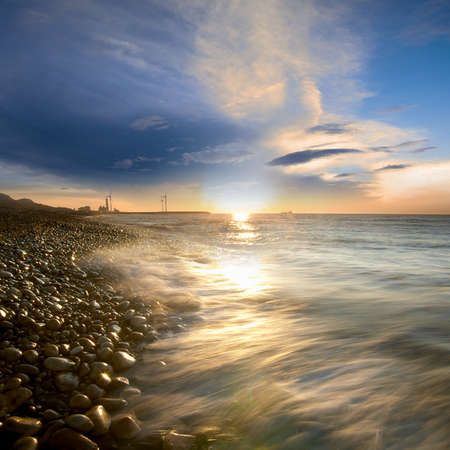 morning lake landscape with sunriseの写真素材
