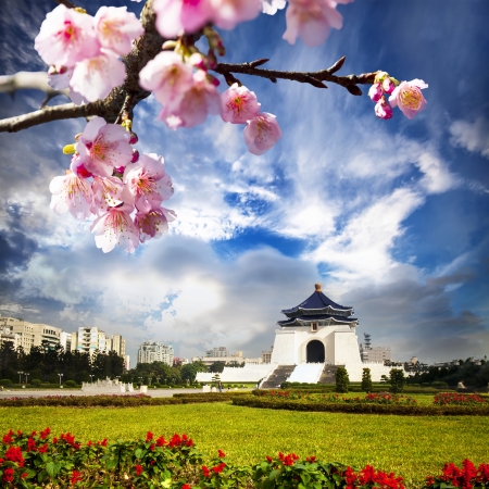 chiang kai shek memorial hall in taiwan with nice sakura flowerの写真素材