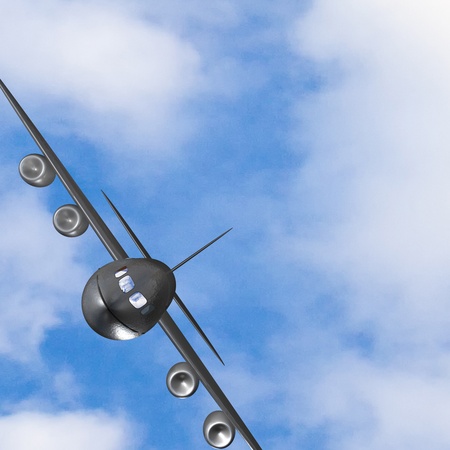 Jet plane in a blue cloudy sky  Square composition 