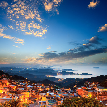 The seaside mountain town scenery in Jiufen, Taiwanの写真素材