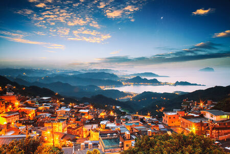 The seaside mountain town scenery in Jiufen, Taiwanの写真素材