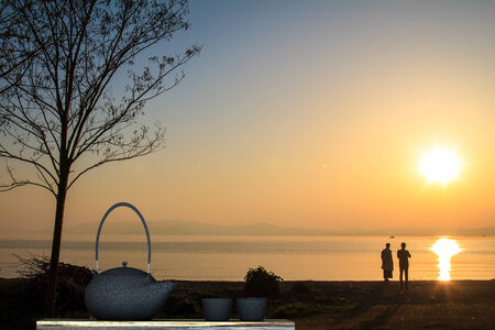 Black teapot with nice backgroundの写真素材