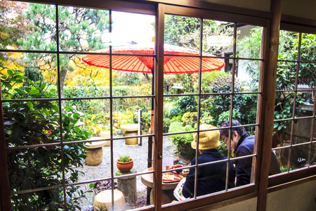 Kyoto, Japan - June 30, 2014: Red maple trees in a japanese gardenのeditorial素材