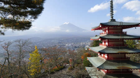 Image of the sacred mountain of Fuji in the background of blue sky at Japan の写真素材