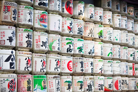 TOKYO, JAPAN - AUGUST 14 2015 : Traditional donated sake barrels at Meiji Shrine in Shibuya, Tokyoのeditorial素材
