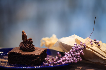 The Cake chocolate brownies on nice dish with nice backgroundの写真素材