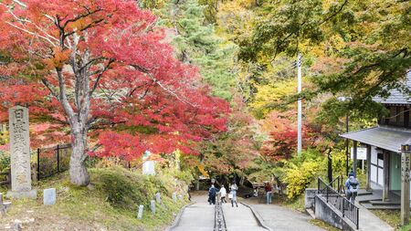 The Fudo stream and the red bridge at Mount Nakano-Momiji