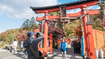The Fudo stream and the red bridge at Mount Nakano-Momijiのeditorial素材