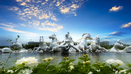 Tainan City, Taiwan - 2018 June 12th: The Apollo Fountain Plaza of Chimei art Museum in Tainan City, Taiwan. The statues are made of Italian Carrara marbleのeditorial素材