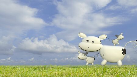 The 3d rendering of Cow. A beautiful cow in a green field or pastureの写真素材