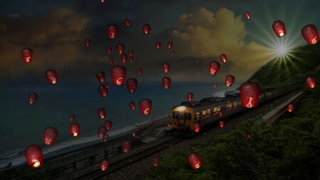 The fire paper lanterns in the night sky with nice background
