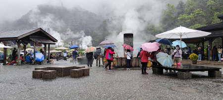 Qingshui Geothermal Park, Yilan, Taiwan - Mar 8, 2021: People use boiling water to cook food by the cooking poor of Qingshui Geothermal Park, Yilan, Taiwan.のeditorial素材
