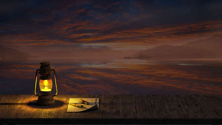 The Oil Lamp at Night on a Wooden Surface