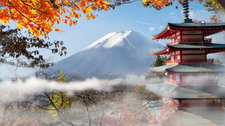 The beautiful Autumn scenery of Red pagoda Chureito the famous tourist attraction in fujinomiya town and Mount Fuji at sunset in Yamanashi prefecture, Japanのeditorial素材