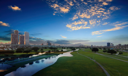 New Taipei City, Taiwan, 24 OCT, 2022 : New Taipei City Metropolitan Park sunset, Taiwanes)のeditorial素材
