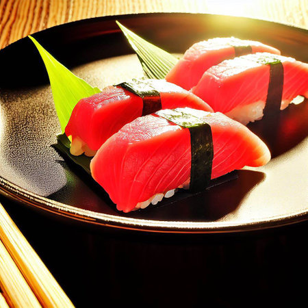 The Japanese menu. Tasty set of sushi with salmon and tuna with nice background colorの素材