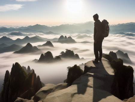 The Young man standing on top of cliff in summer mountains at sunset and enjoying view of nature - AI generatedの素材