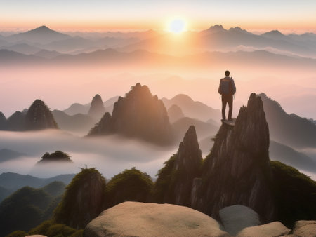 The Young man standing on top of cliff in summer mountains at sunset and enjoying view of nature - AI generatedの素材
