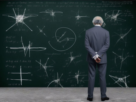 The Back view of businessman looking at chalkboard with mathematical formulas on it - AI Generatedの素材