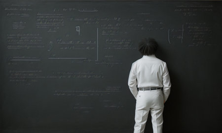 The Back view of businessman looking at chalkboard with mathematical formulas on it - AI Generatedの素材