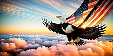 Bald Eagle flying in the sky. 3D illustration. USA flag.の素材