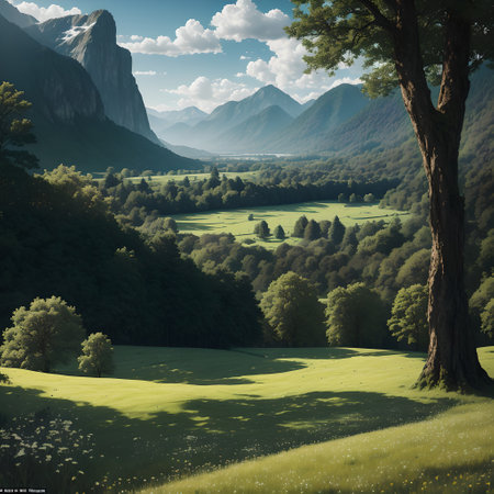 The AI generated Green grass and trees, nice landscapeの素材