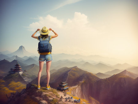 The AI generated Young woman hiker on mountain peakの素材