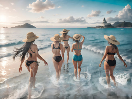 The Womans Girl playing on Beach with nice backgroundの素材