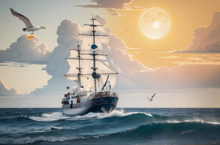 The Ship sorrunded by seagulls - ai generatedの素材