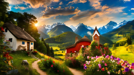 The Colorful autumn landscape in the mountain village - ai generatedの素材