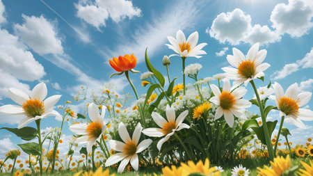 The Flower bed and blue sky - ai generatedの素材
