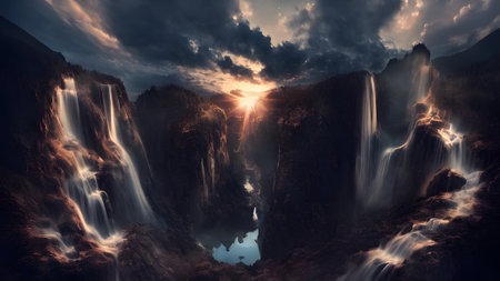 The beautiful mountain with waterfall and nice cloud - ai generatedの素材