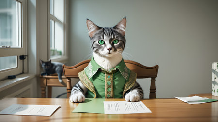 The cat site on the desk and dress cloth - ai generatedの素材