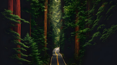 The Vertical Photo Ancient Woodland with a road along - ai generatedの素材