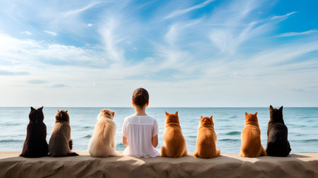 The Ginger cat standing on the coast . Lonely cat at seasideの素材