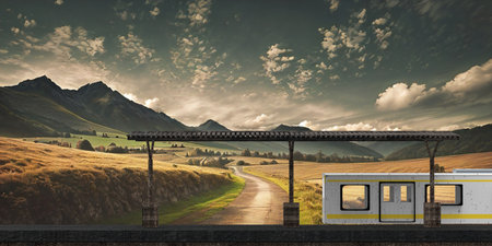 The View from outside window of train at small train stationの写真素材