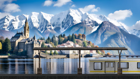 The View from outside window of train at small train stationの写真素材