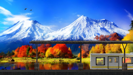 The View from outside window of train at small train stationの写真素材