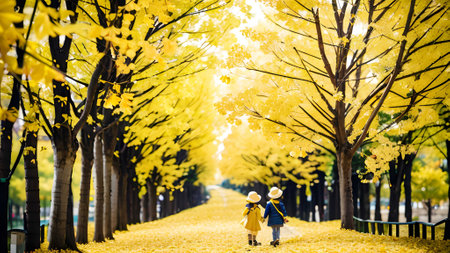 The AI generate of autumn ginkgo trees with nice colorの素材
